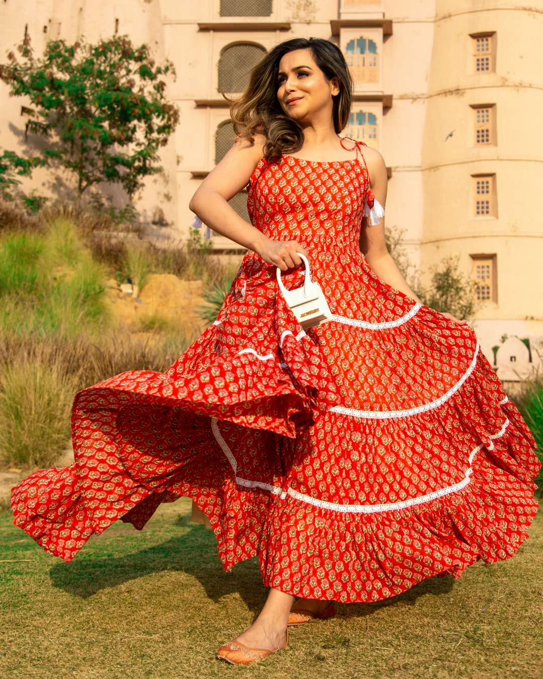 ORANGE PEEL HANDBLOCK COTTON DRESS