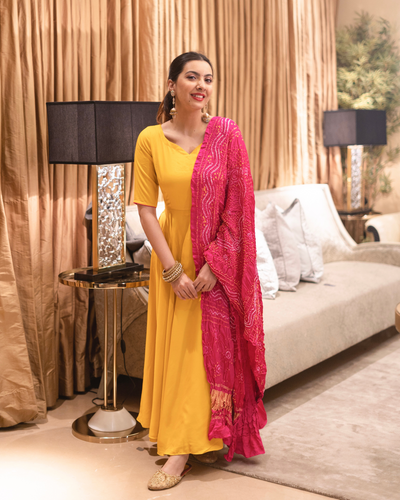 Tuscan Yellow Pure Gajji Silk Bandhej Suit