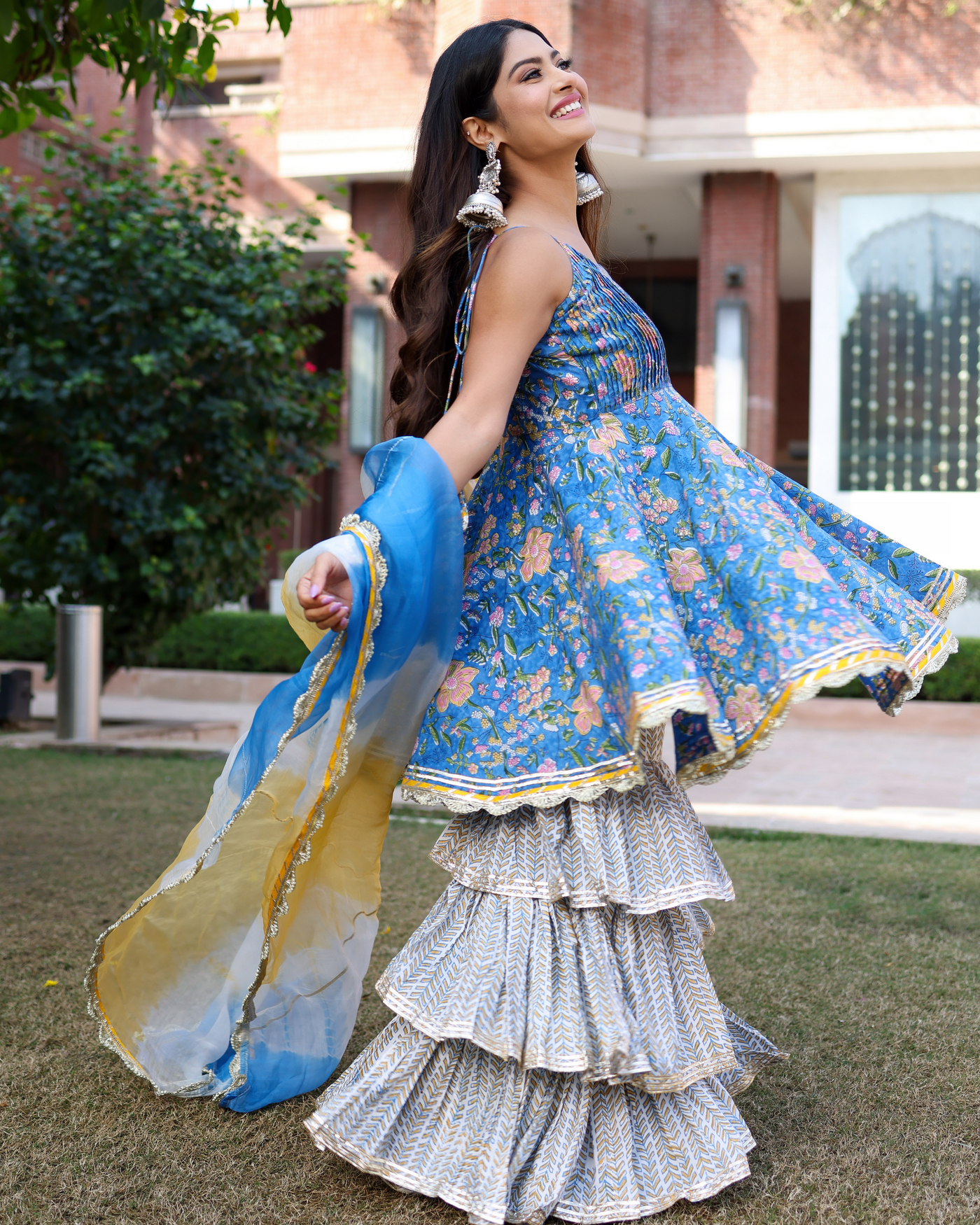 Symphonic Blue Handblock Sharara Set