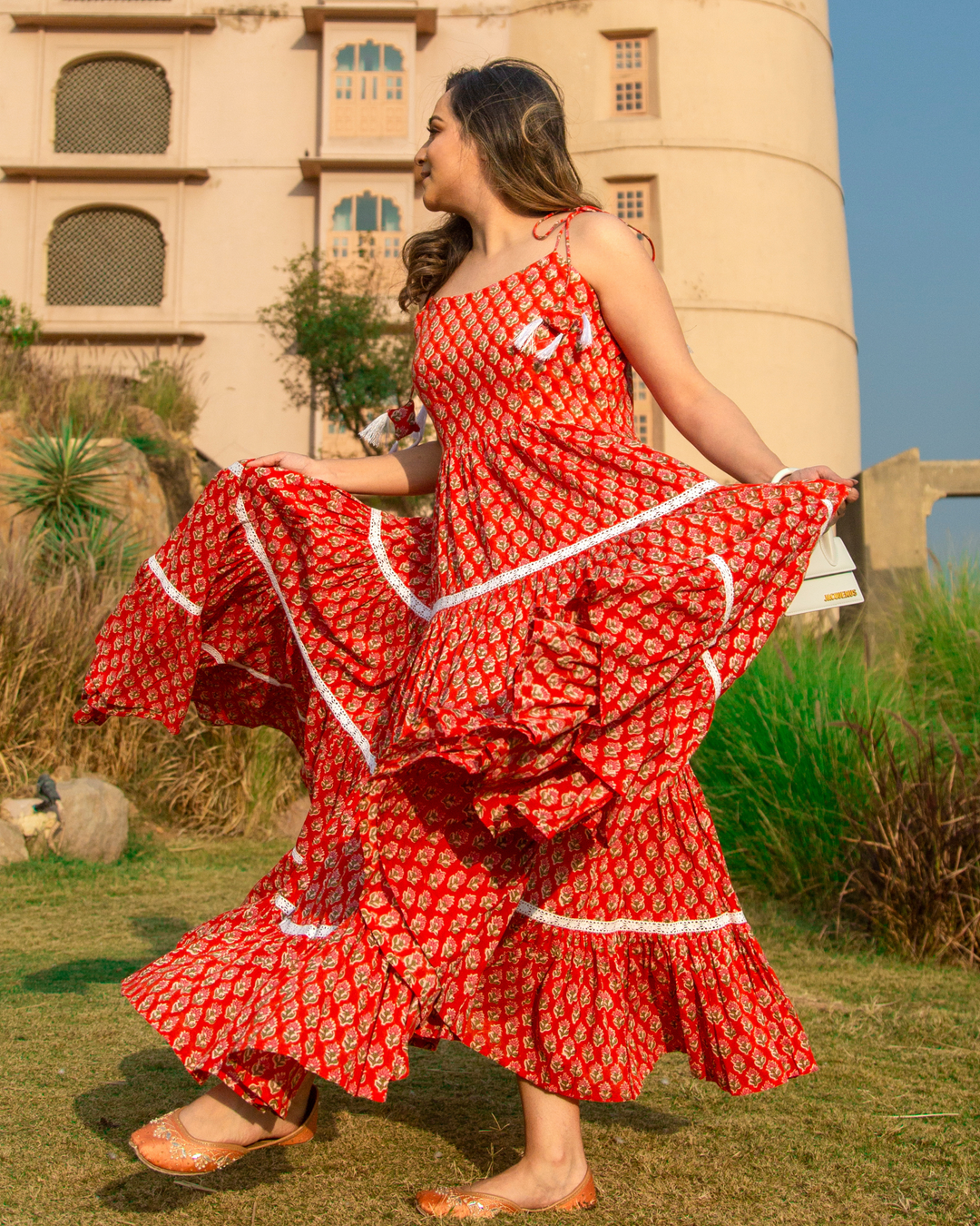 ORANGE PEEL HANDBLOCK COTTON DRESS