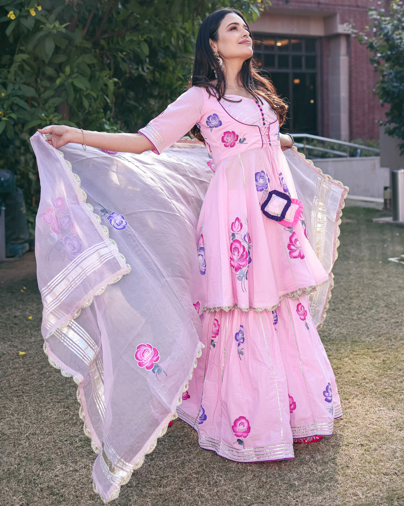 Pink Twist Handpainted Sharara Set