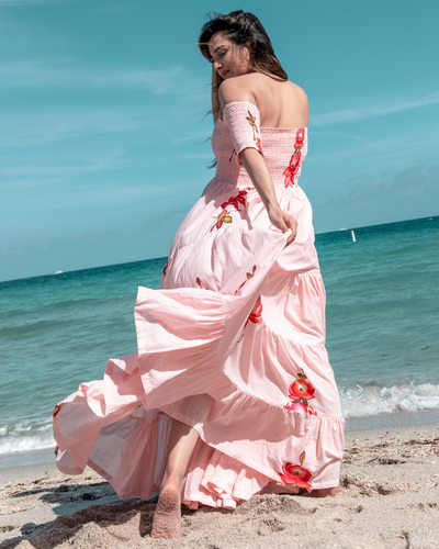 Flattering Peach Smocked Cotton Handpainted Dress