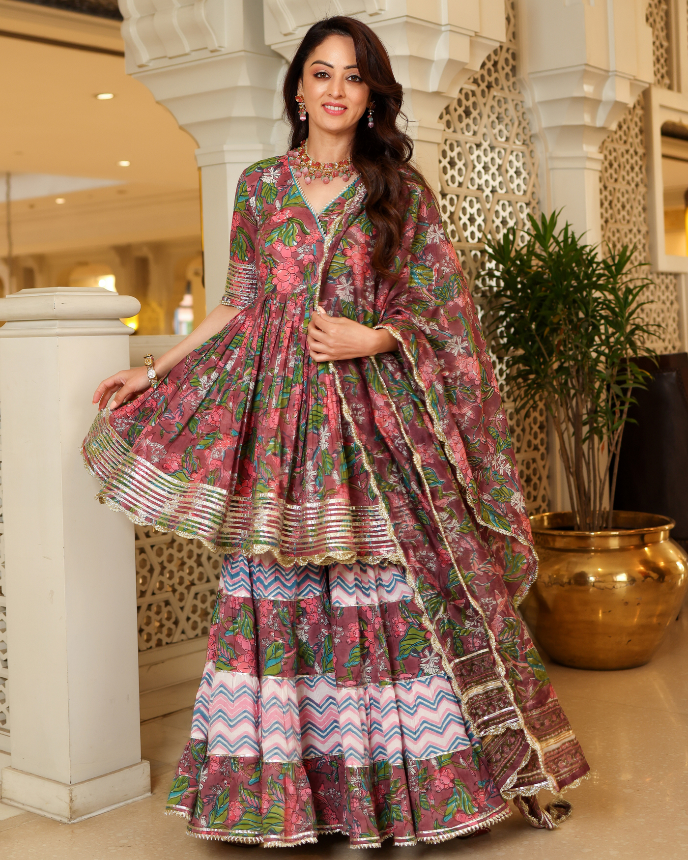 Multi Rose Handblock Sharara Set