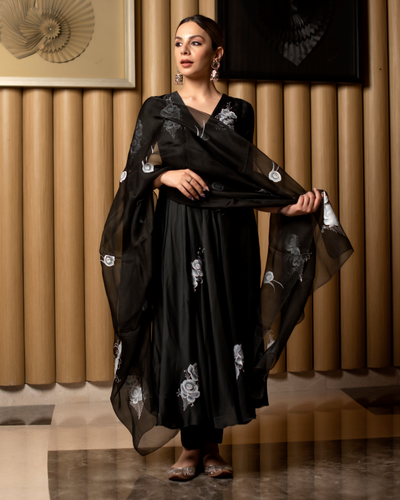 Black Suit with Jaal Handworked Dupatta - Rana's by Kshitija
