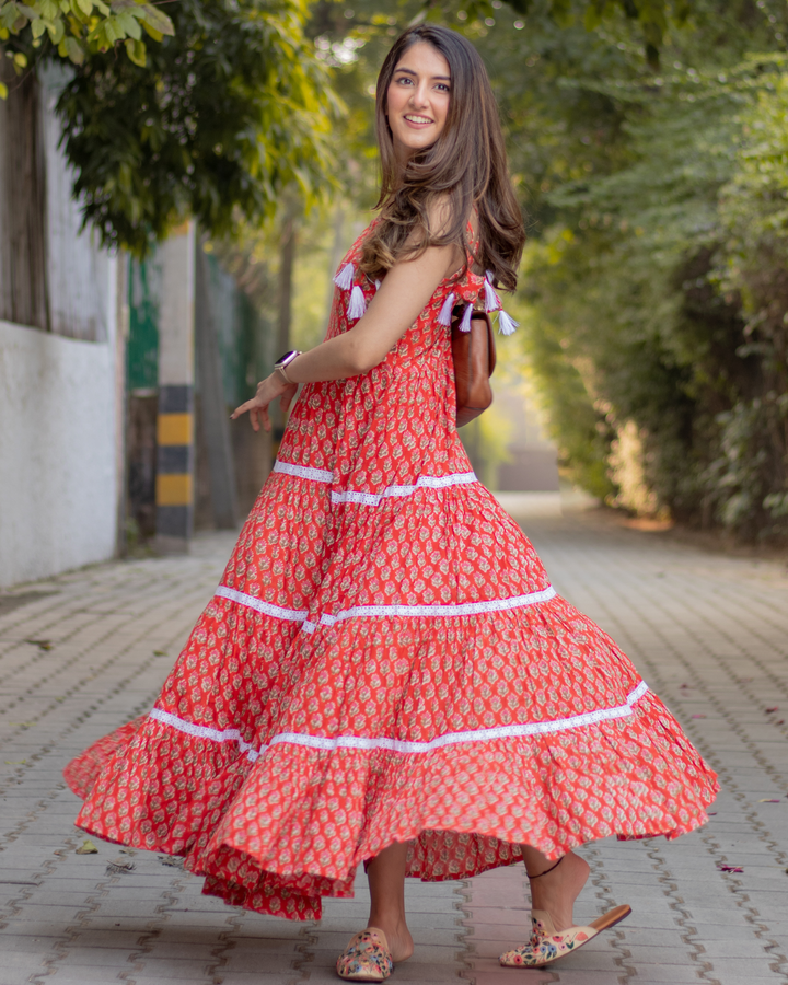 ORANGE PEEL HANDBLOCK COTTON DRESS