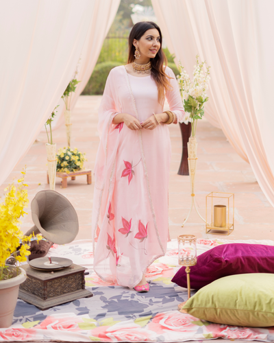 Tropical Peach Organza Handpainted Suit Set