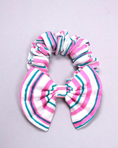 Pink Cosmos Handblock Bow Scrunchie