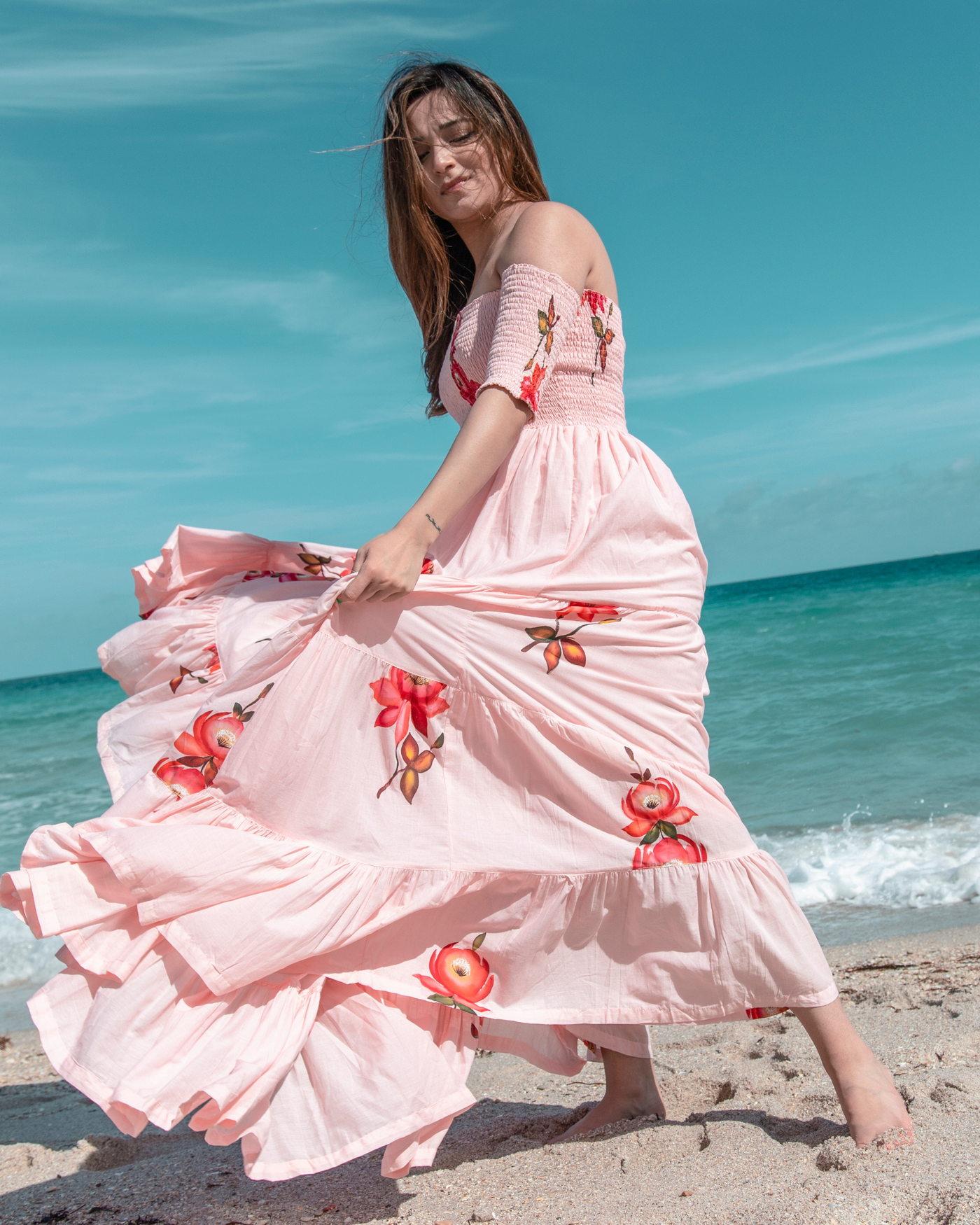 Flattering Peach Smocked Cotton Handpainted Dress