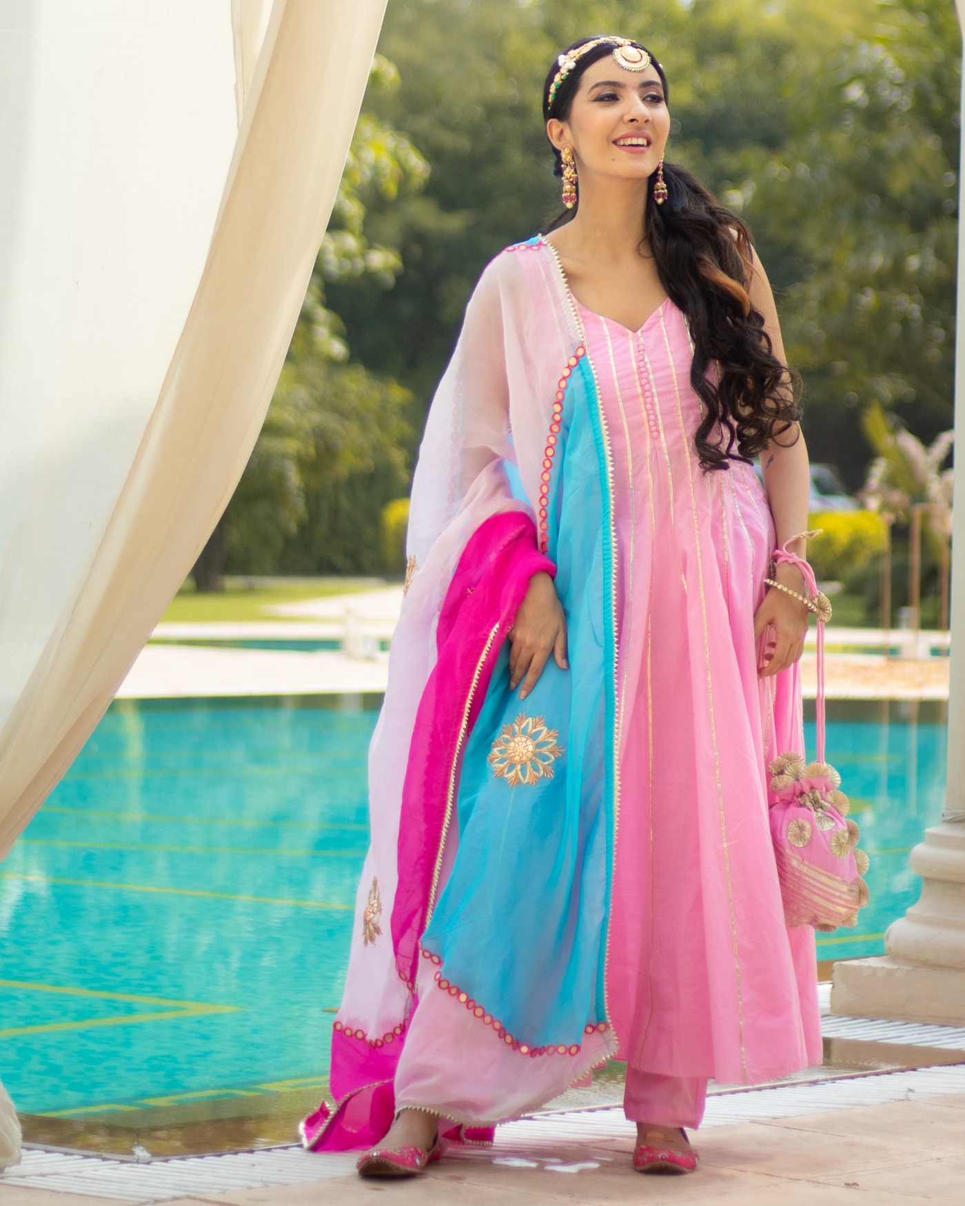 Strawberry Pink Gota Kalidar Anarkali Suit With Gota Potli