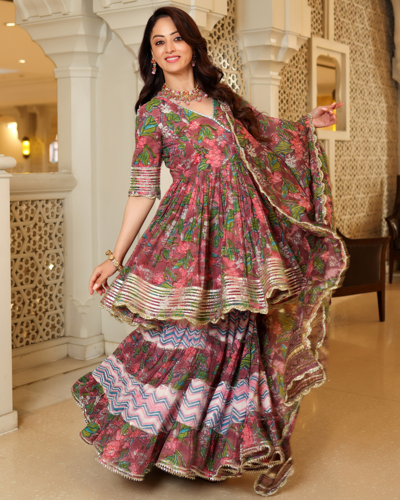 Multi Rose Handblock Sharara Set