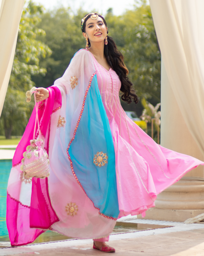 Rani Pink and Light Green Cotton and Chanderi Churidar Suit Combo - CS4376