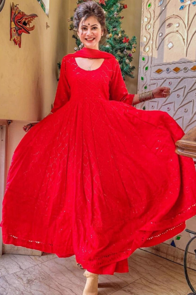 Red Chikankari Anarkali Set