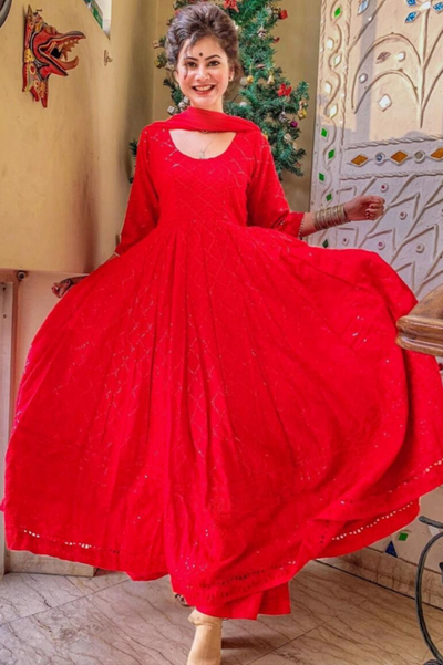 Red Chikankari Anarkali Set