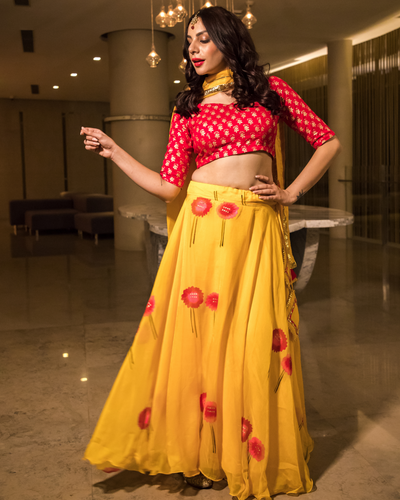 Yellow Organza Handpainted Lehenga Set