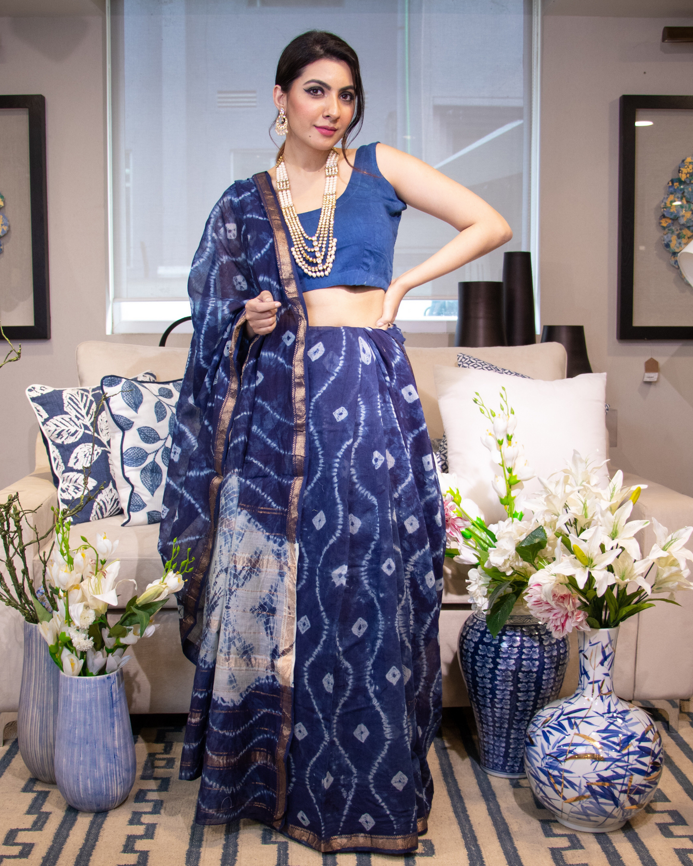 Mulan Blue Handblock Chanderi Silk Saree