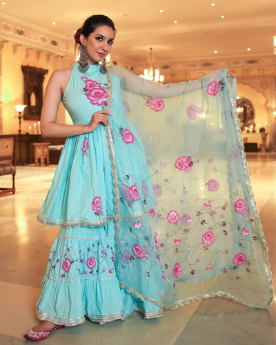 Summer Blue Handpainted Gota Sharara Set