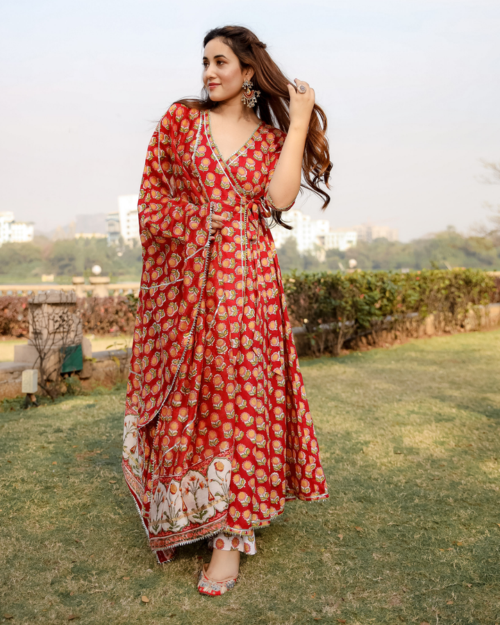Red Rosewood Handblock Suit Set