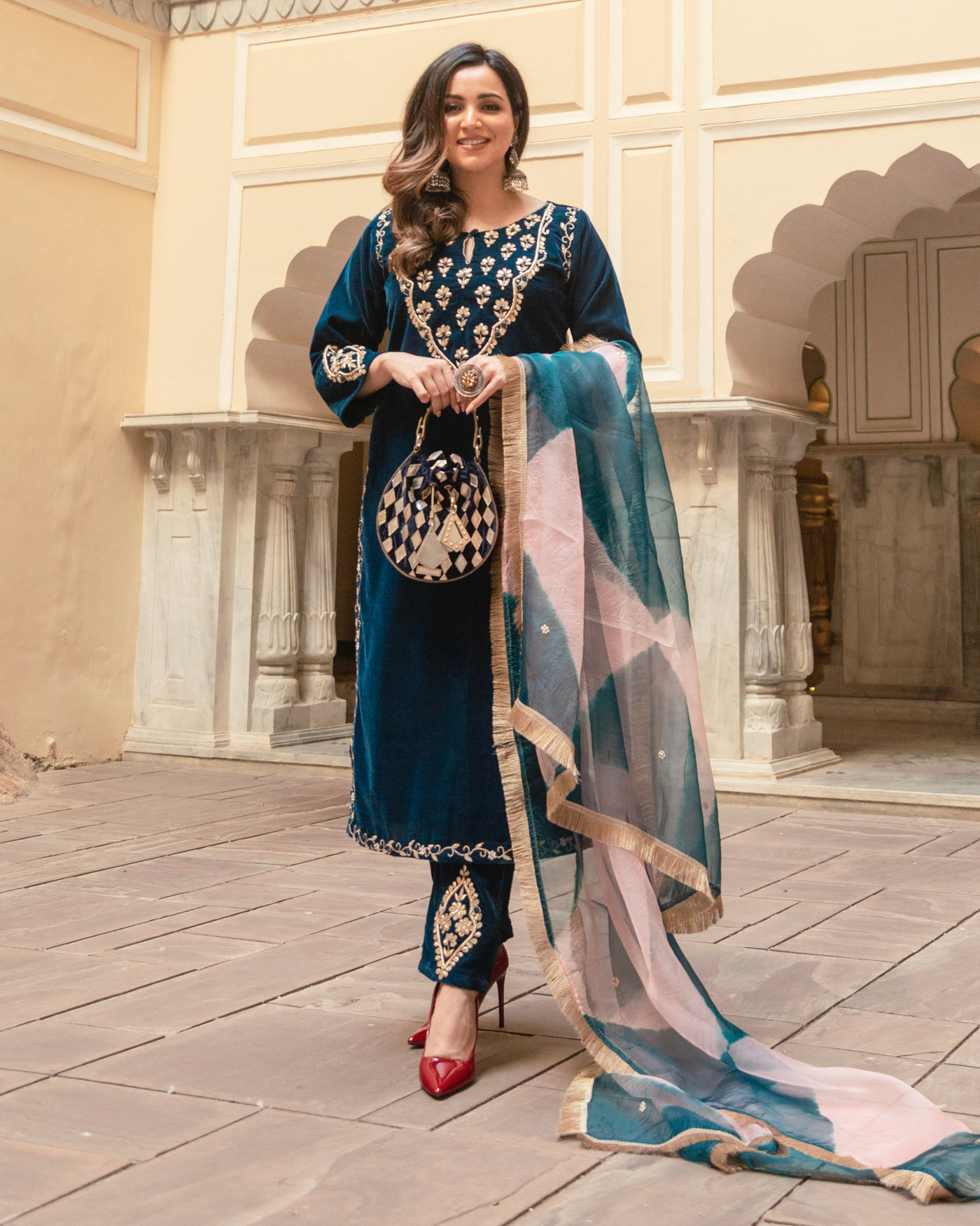 Buy Vintage Blue Velvet Handcrafted Suit Set online in India at Best Price