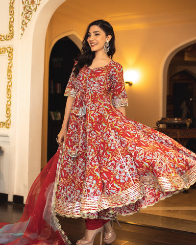 Red Anarkali Floral Suit set (Sleeveless)