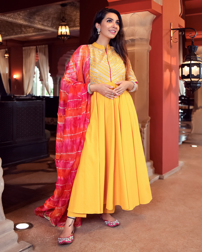 Crystal Yellow Leheriya Gota Suit Set