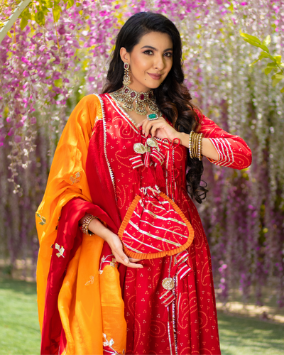 Red Amour Bandhej Gota Suit Set With Gota Potli