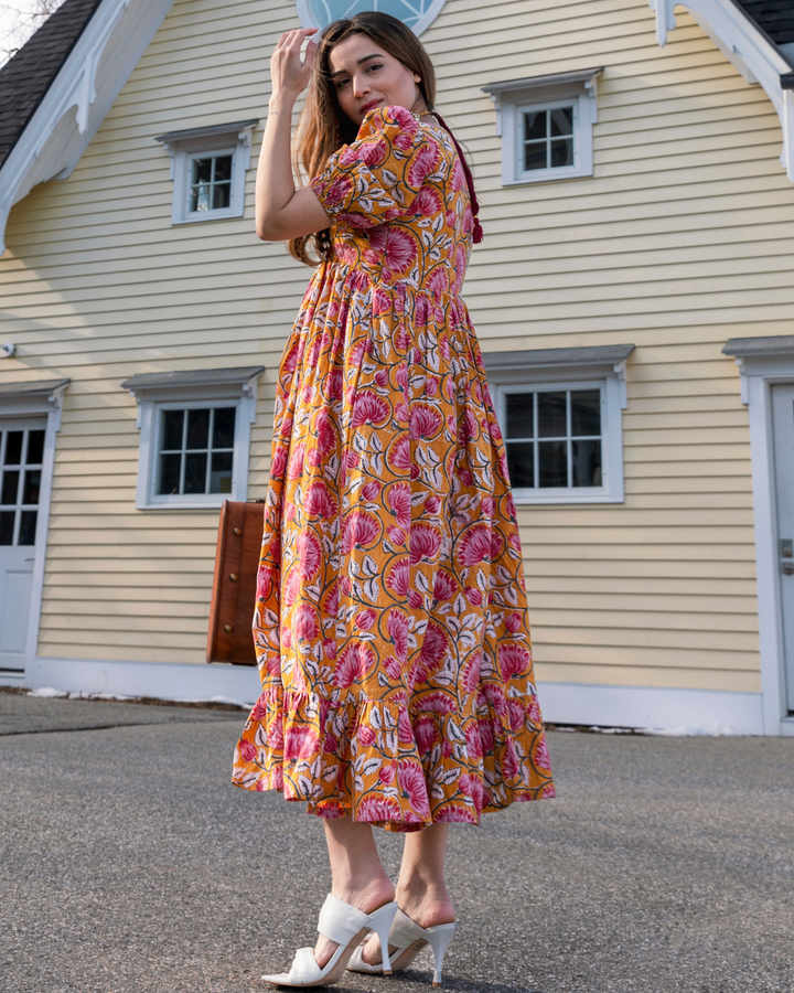 Tangerine Handblock Cotton Dress
