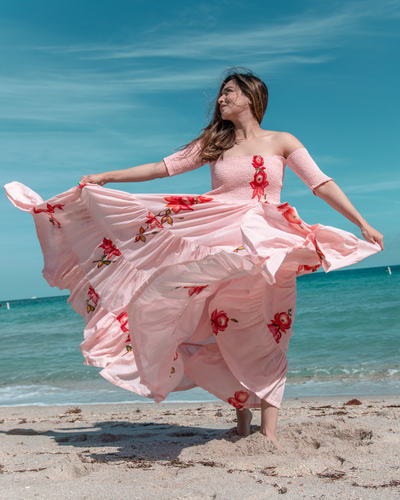 Flattering Peach Smocked Cotton Handpainted Dress