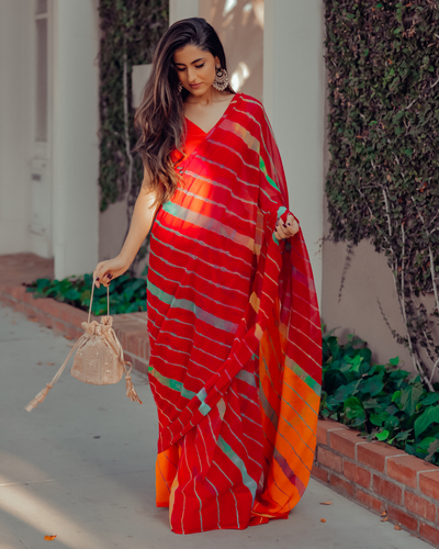 Jester Red Leheriya Pure Chiffon Saree