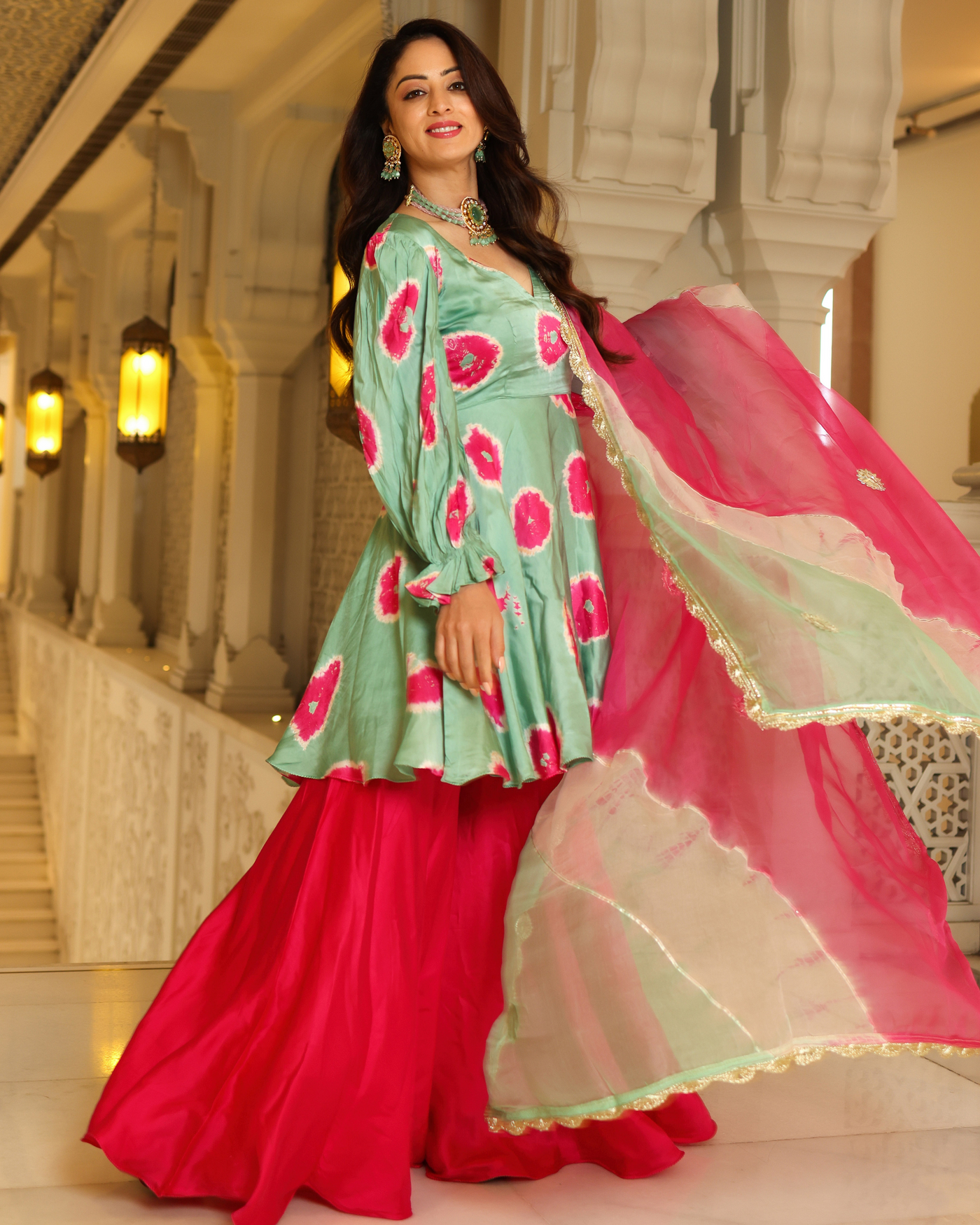 Glacier Green Tie And Dye Sharara Set