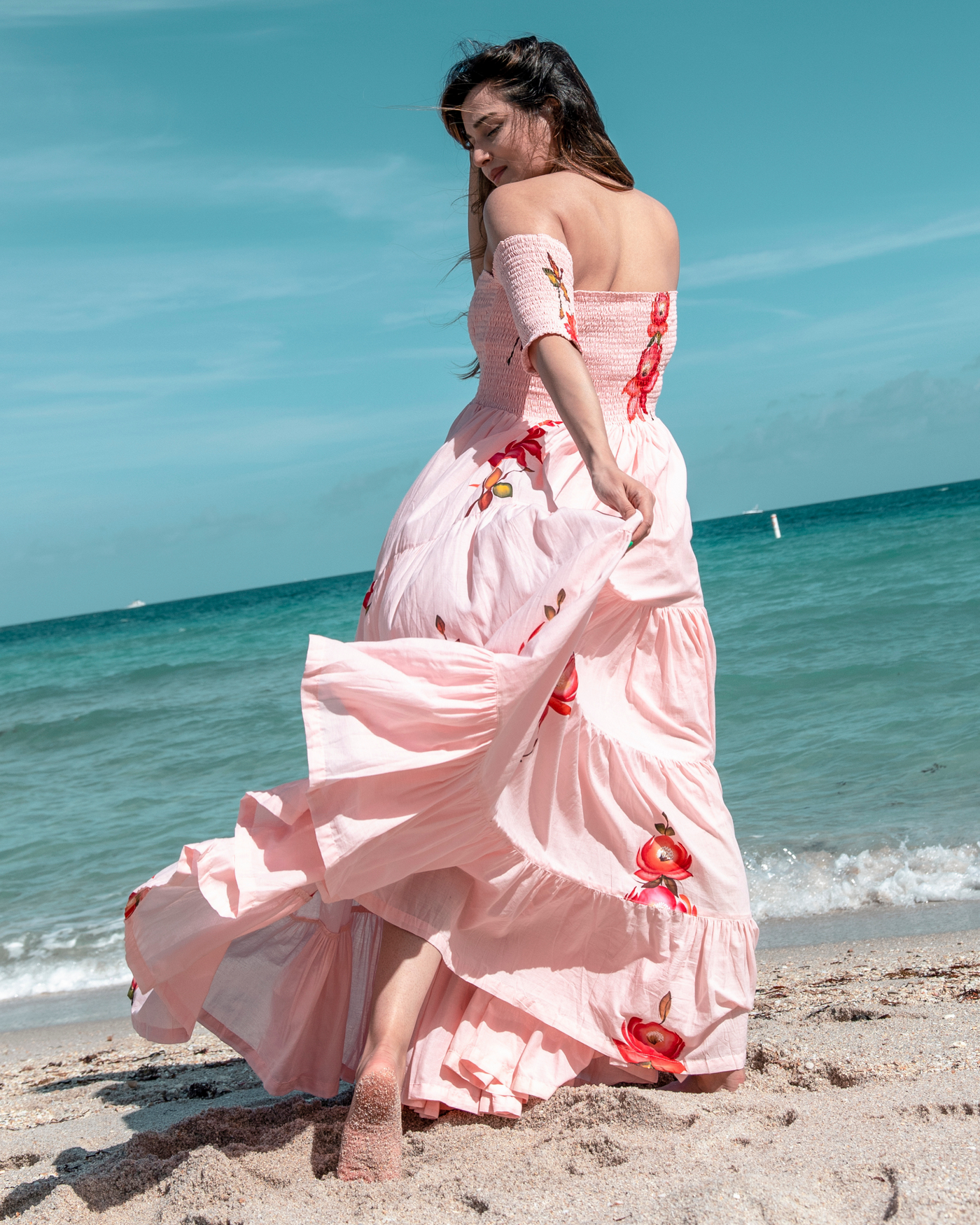 Flattering Peach Smocked Cotton Handpainted Dress