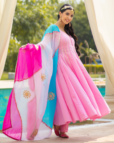 Strawberry Pink Gota Kalidar Anarkali Suit With Gota Potli