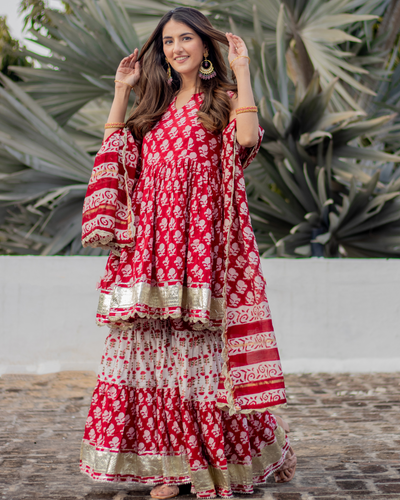 Red Paisley Handblock Sharara Set