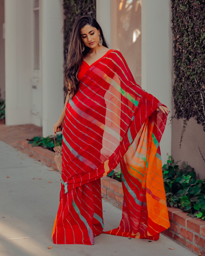 Jester Red Leheriya Pure Chiffon Saree