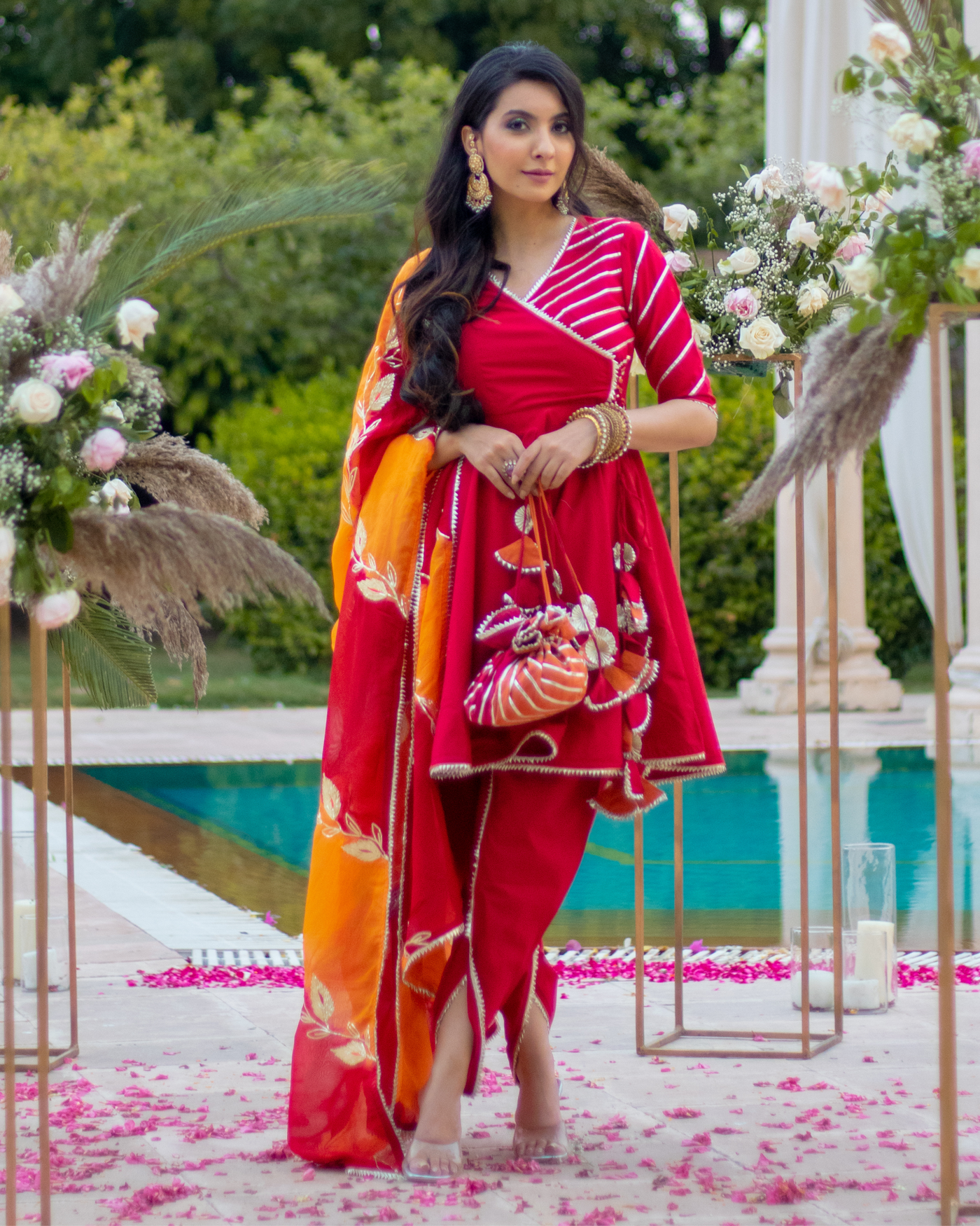 Ruby Maroon Gota Tulip Suit Set With Gota Potli