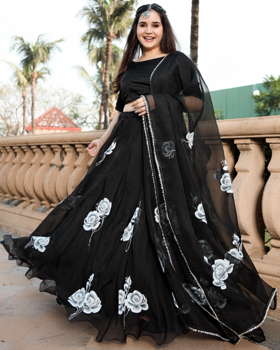 Black Rose Handpainted Pure Organza Lehenga Set