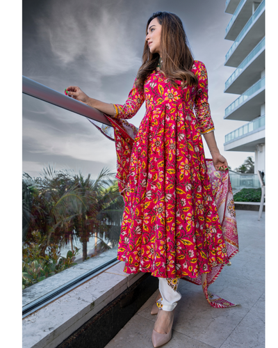 Pink Sunset Handblock Gota Suit Set