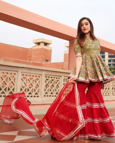 Sward Green Handblock Sharara Set