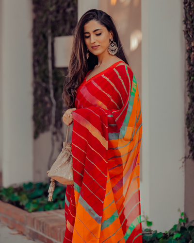 Jester Red Leheriya Pure Chiffon Saree