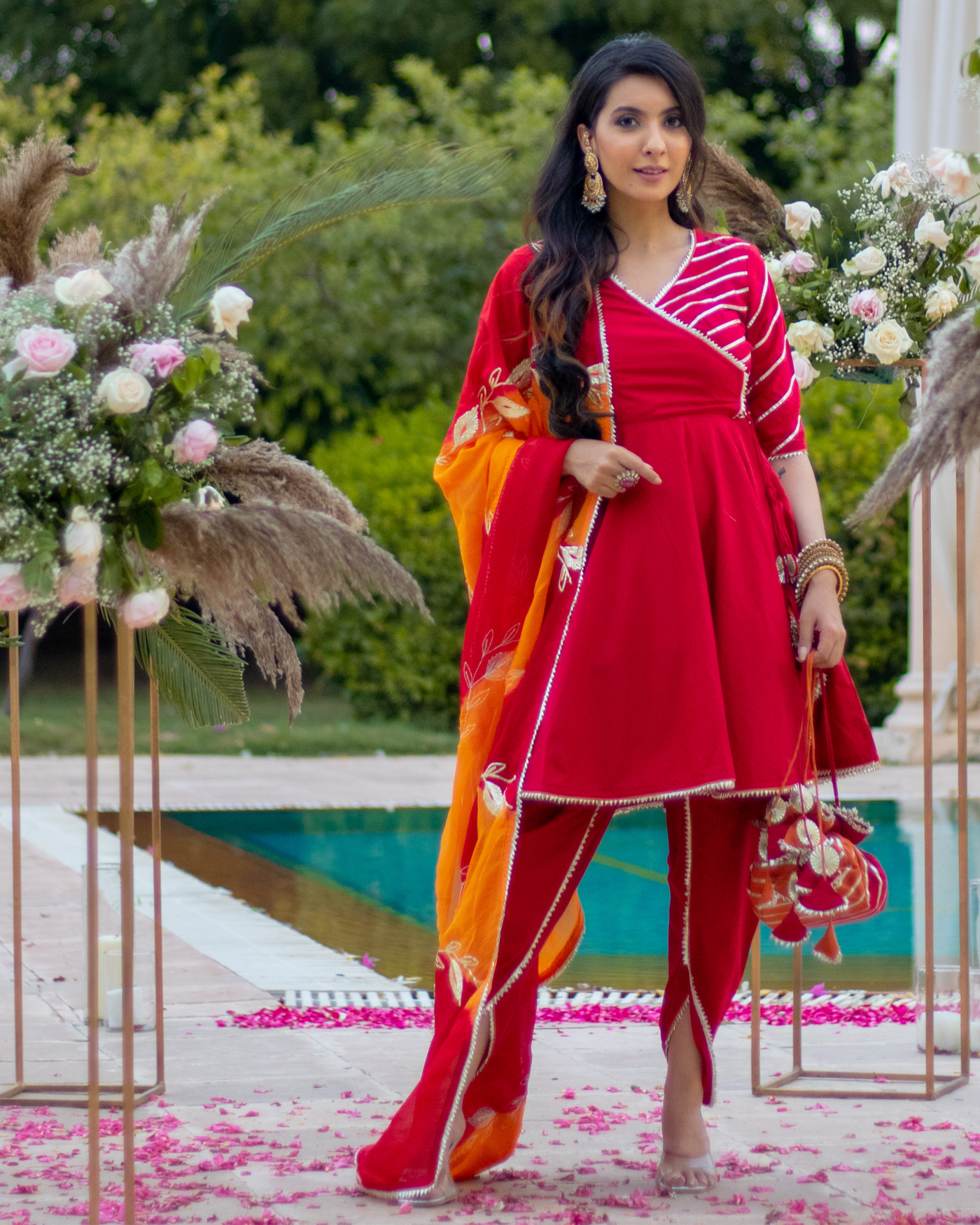 Ruby Maroon Gota Tulip Suit Set With Gota Potli