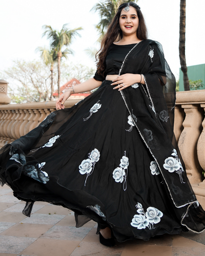 Black Rose Handpainted Pure Organza Lehenga Set