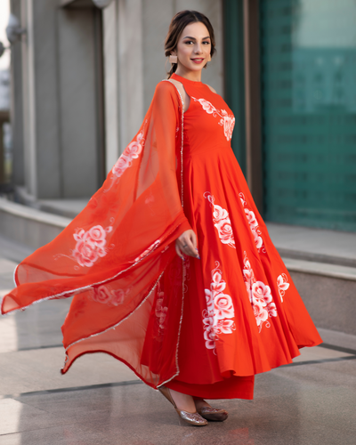 Squash Orange Handpainted Cotton Suit Set
