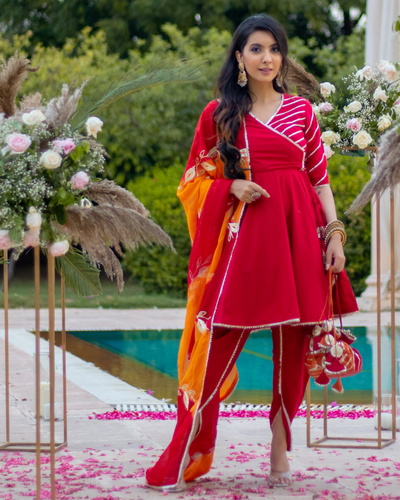 Ruby Maroon Gota Tulip Suit Set With Gota Potli