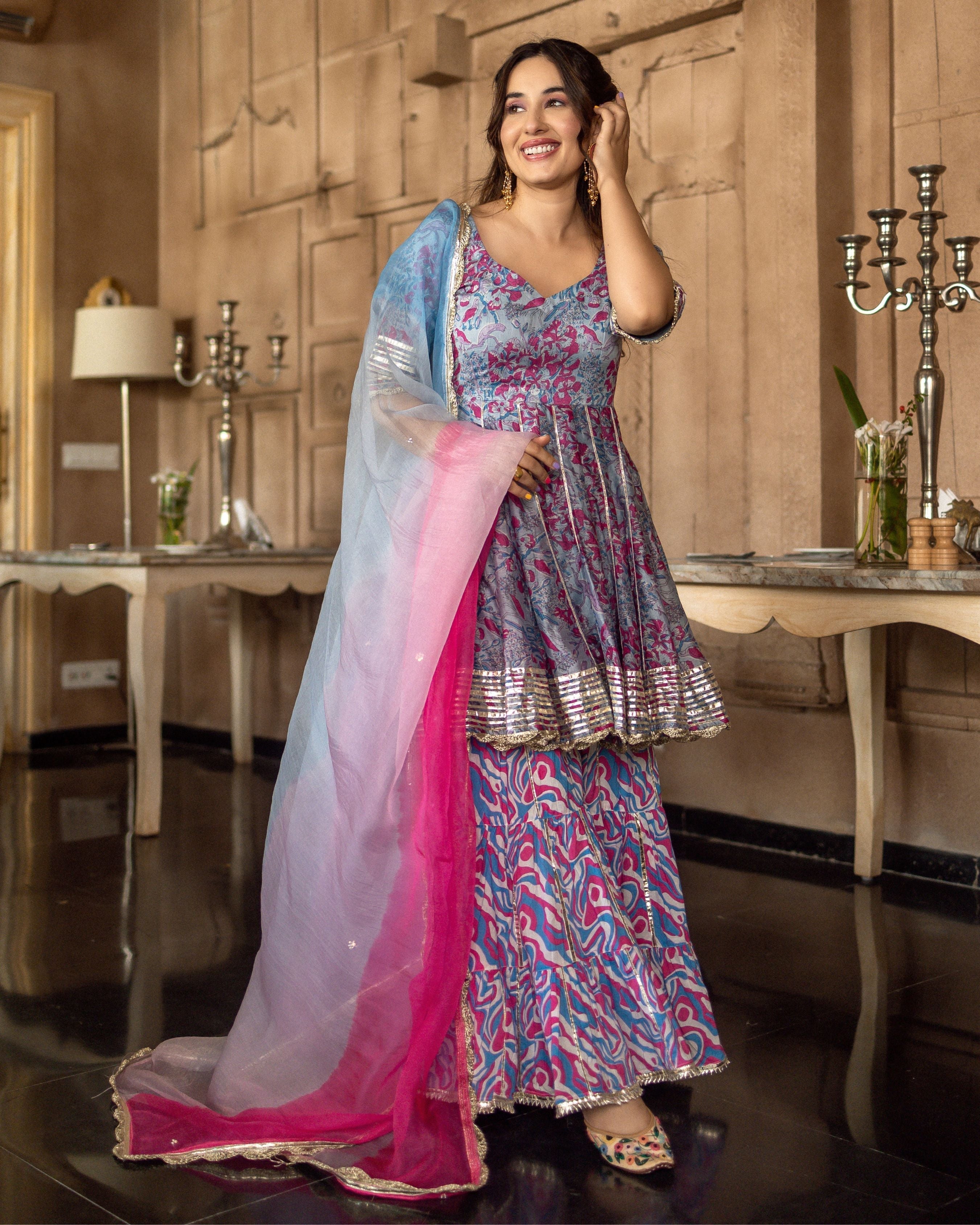 Buy Peach Kurta Chanderi Sharara And Dupatta Embroidery U Set For Women by  Mandira Wirk Online at Aza Fashions.