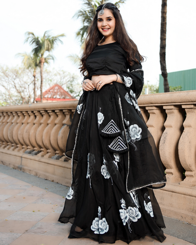 Black Rose Handpainted Pure Organza Lehenga Set