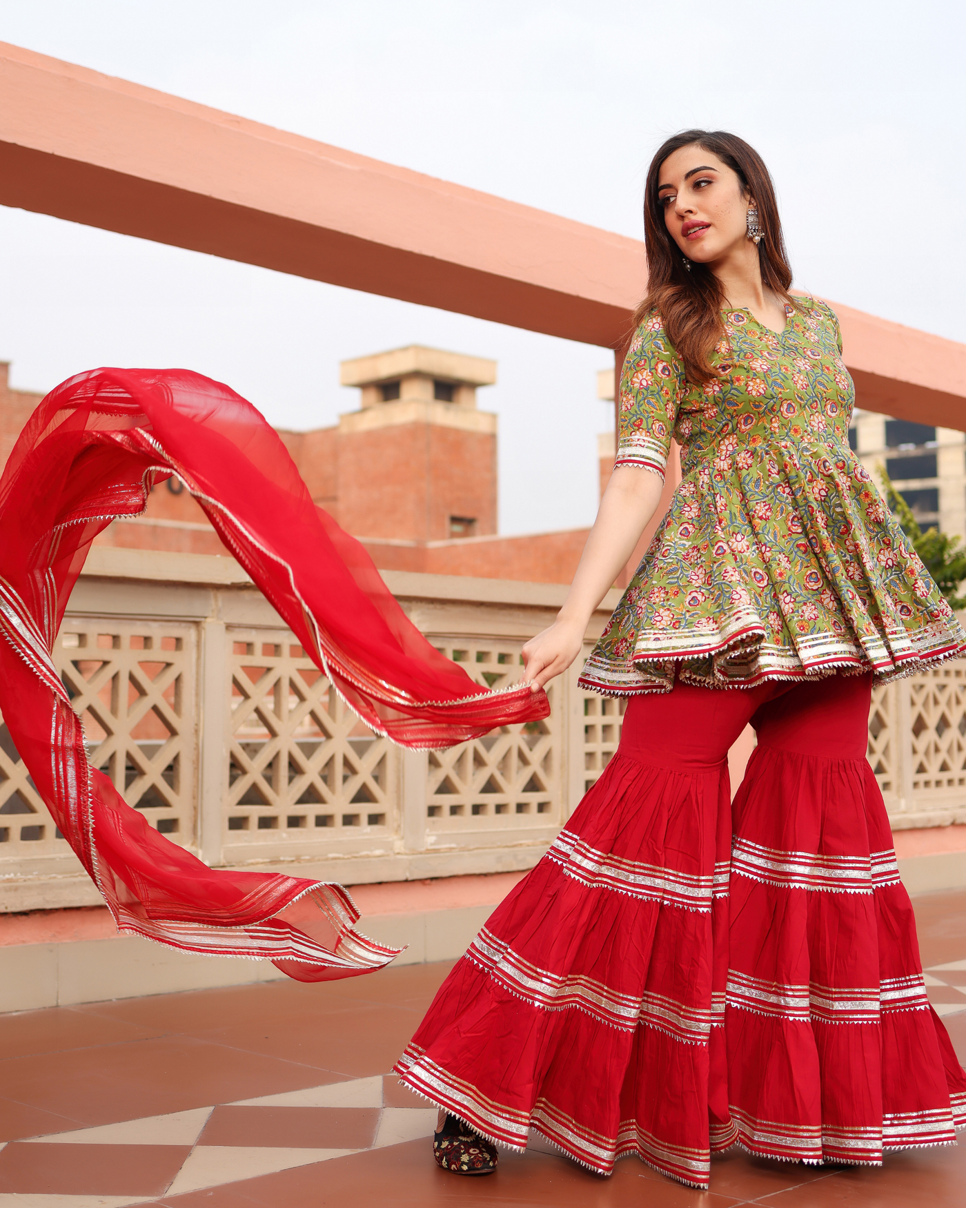 Sward Green Handblock Sharara Set