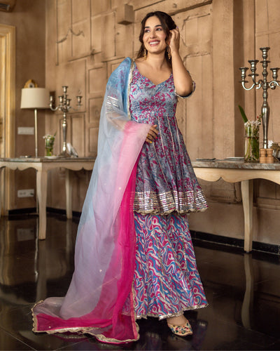 Shop Online Pastel Blue Embroidered Sharara Suit| Pastel Pink Dupatta –  Pure Elegance