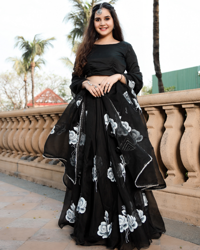 Black Rose Handpainted Pure Organza Lehenga Set