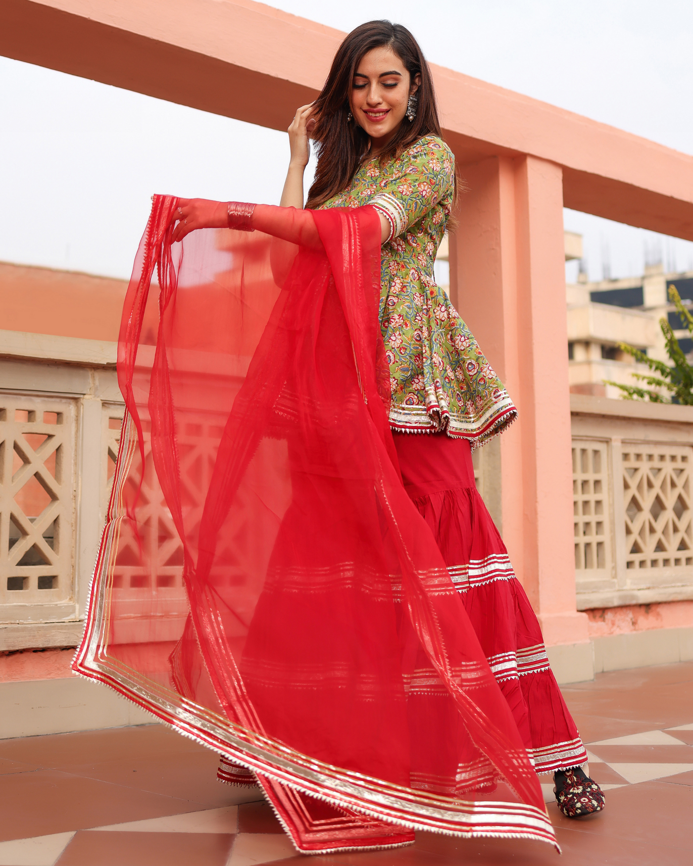 Sward Green Handblock Sharara Set