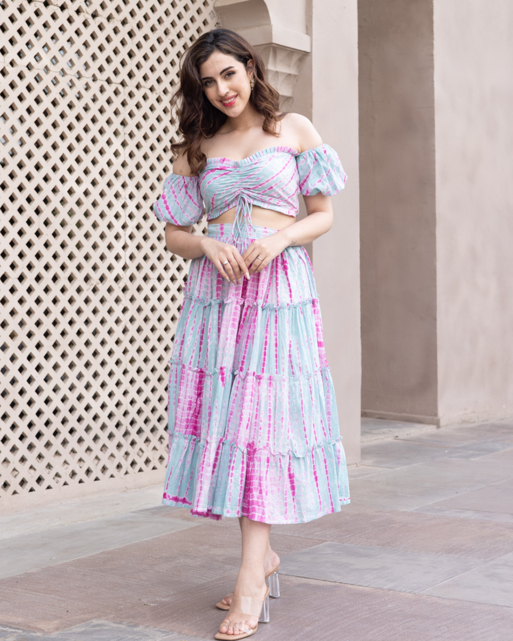 mint green and peach dress Anisha Shetty — Mint Floral Lehenga With Peach Mirror Blouse And Dupatta –  Fabilicious Fashion