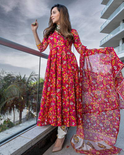 Pink Sunset Handblock Gota Suit Set